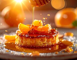 golden pancake or french toast with orange slices and rich honey drizzle under warm sunlight.