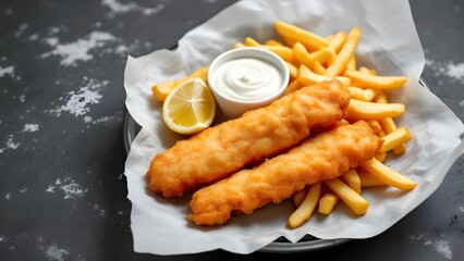 Crispy battered fish and chips served with french fries, tartar sauce, and a lemon wedge on parchment paper.