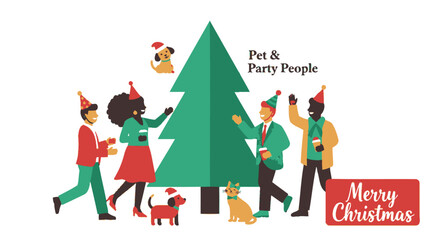 Diverse group of people and pets celebrate christmas around a festive green tree wearing santa hats