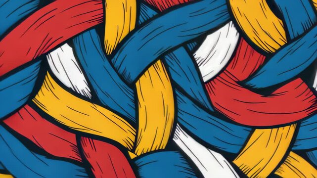 Intertwined Symphony of Colors: An eye-catching pattern of woven strands in vibrant primary colors create a dynamic visual harmony. The interplay of bold hues forms a captivating, rhythmic dance.