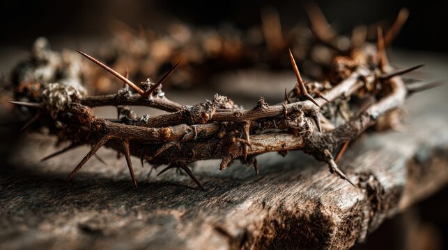 Thorny crown on aged wood  elegant still life image