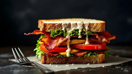 A gourmet stacked sandwich with crispy bacon, fresh lettuce, and tomato, drizzled with a creamy dressing.