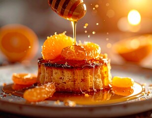 golden pancake or french toast with orange slices and rich honey drizzle under warm sunlight.