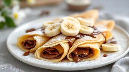 Delicious homemade crepes filled with chocolate spread, topped with fresh banana slices and powdered sugar on a white plate.