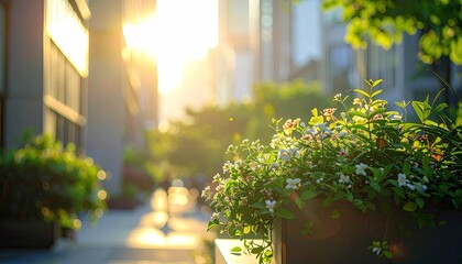 Urban greenery with flowers bathed in warm golden hour sunlight on a city street with modern buildings in the background and soft bokeh blur.