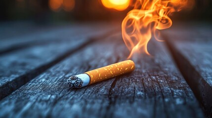 A close-up of a burning cigarette with orange flames resting on a dark wooden surface during sunset, evoking a sense of danger and urgency