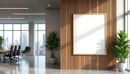 Modern office interior with empty vertical sign on wood panel wall. Sunlight streams onto blank frame, copy space for text. Conference room visible in background.