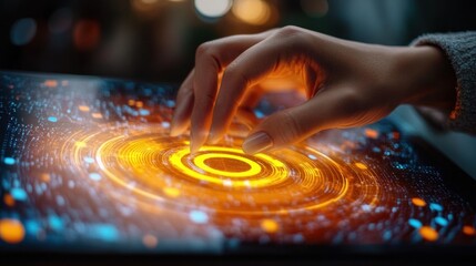 Close-up of hand interacting with a glowing futuristic touchscreen interface displaying circular orange and blue digital elements