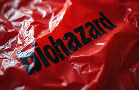 Close-up of crumpled red biohazard medical waste bag. Black text signifies danger. Used in healthcare for infectious rubbish disposal. Safe handling needed. - Powered by Adobe
