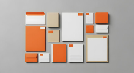 Flat lay of various blank stationery items with orange accents for corporate branding and identity mockup.