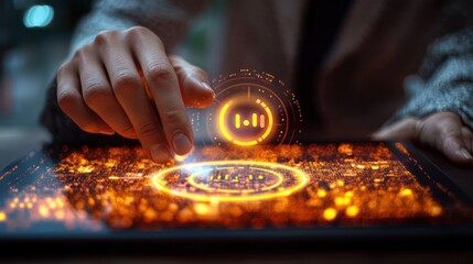 Person using a futuristic digital tablet with glowing orange holographic interface and data visualization elements, focusing on technology interaction