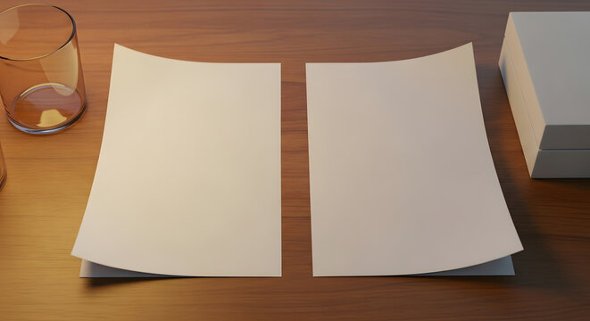 Two blank sheets of white paper on a wooden desk with a glass and paper stack, office workspace mockup.