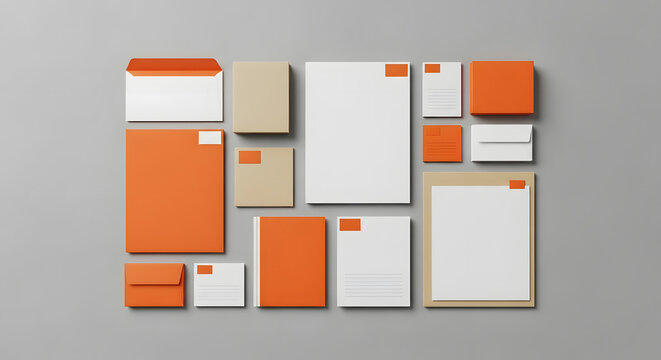 Flat lay of various blank stationery items with orange accents for corporate branding and identity mockup.