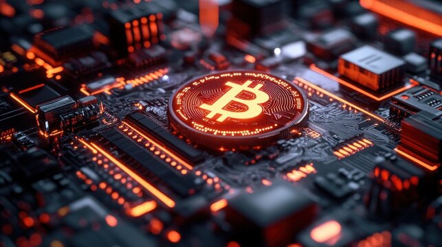 Close-up of a glowing orange cryptocurrency coin on a dark futuristic circuit board emitting vibrant digital energy - Powered by Adobe