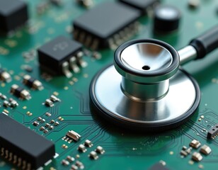 Stethoscope on green circuit board with microchips. Concept symbolizes health care technology innovation. Medical equipment checks electronics. Digital diagnostics research. Healthcare tech progress.