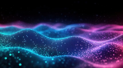 Colorful glowing wave patterns with a futuristic digital effect on a dark background creating a sense of depth and motion