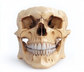 Obraz premium Detailed close-up view of a realistic human skull model with prominent teeth and nasal cavity against a white background
