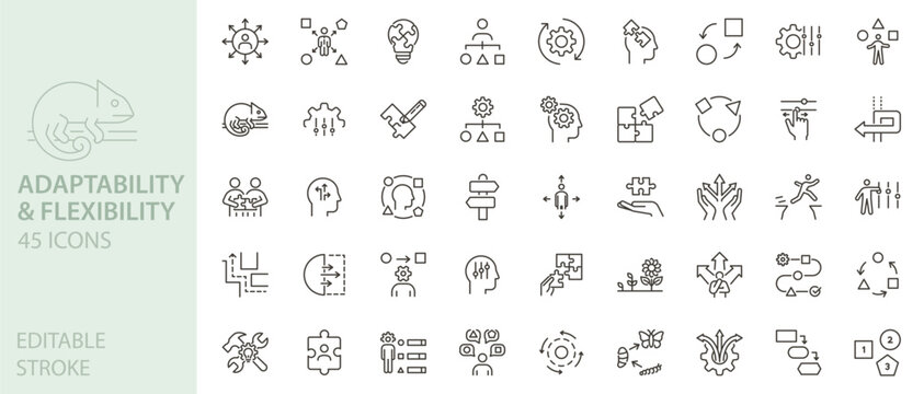 Adaptability, flexibility and choices icons set. Thin line editable stroke vector outline illustrations.