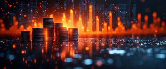 Stacked coins on reflective surface with glowing orange financial graph and digital data visualization in background creating futuristic economic concept