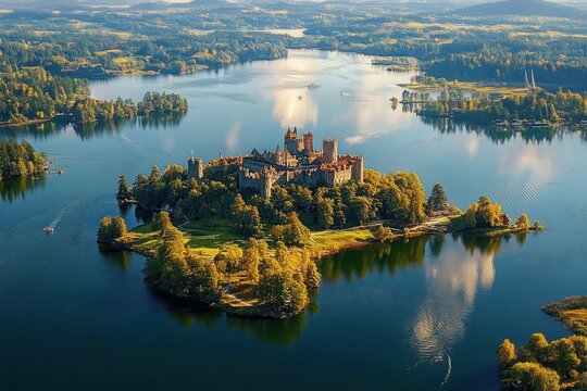 Aerial view of a large historic castle on an island surrounded by a calm lake with forested shorelines under a clear sky