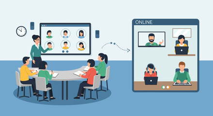 Business team in a hybrid meeting, combining an in-office conference with remote colleagues via an online video call for effective collaboration