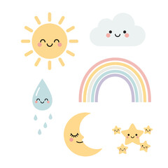Obraz premium Cute and Charming Weather Elements Illustration Set for Nursery Decor and Baby Showers - Sweet Sun, Cloud, Rainbow, Moon, Stars, and Raindrop Cartoon Collection for Children