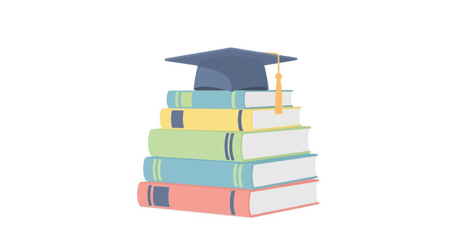 Illustration of a graduation cap resting on a stack of colorful books, symbolizing education, academic achievement, and learning
