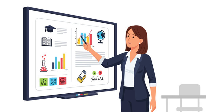 Teacher Presenting Educational Charts and Graphs on a Smartboard for Learning and Analysis