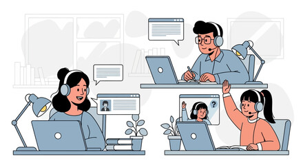 Online Education and Remote Learning Students and Teachers Connecting Virtually for Classes