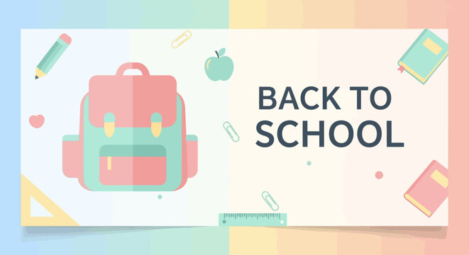 Back to school banner concept with a pastel backpack and study supplies. Flat design vector illustration for education promotion