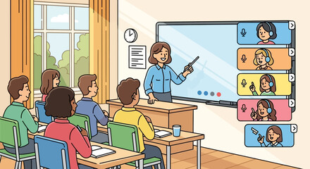 Online learning during the pandemic Teacher and students connect remotely via video conferencing in a modern classroom setting