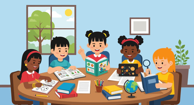 Diverse group of children happily reading and learning together at a round table