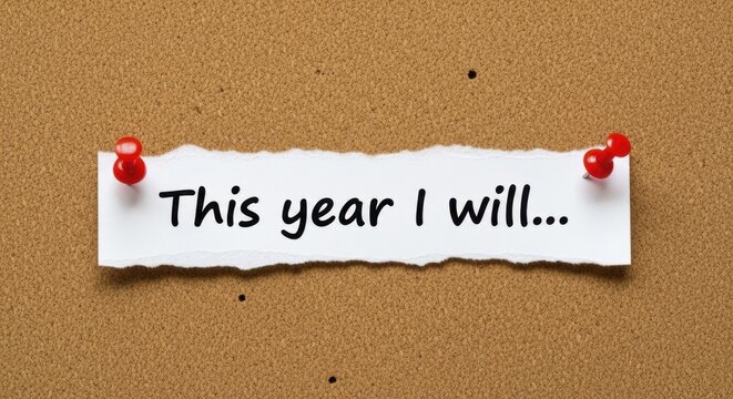  New Year resolution message "This year I will..." on torn paper pinned to textured cork board
