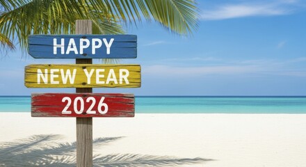 Fototapeta premium Happy New Year 2026 Wooden Sign on Idyllic Tropical Beach with Palm Fronds and Blue Ocean
