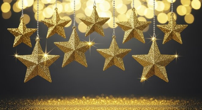Hanging golden glitter stars with festive bokeh lights for New Year celebration - Powered by Adobe