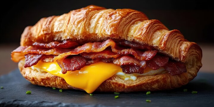 Close-up of a crispy croissant sandwich filled with fried bacon strips, melted cheddar cheese, and a fried egg on a dark surface