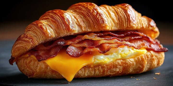 Golden flaky croissant sandwich filled with melted cheddar cheese, fried egg, and crispy bacon strips, showcasing a savory and appetizing breakfast meal