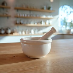 White Mortar And Pestle On Light Wood Counter