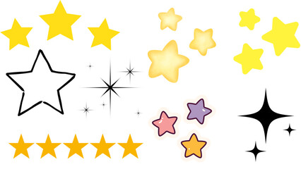 Collection of vector graphic star shapes for design projects and creative works, celestial elements, shiny icons