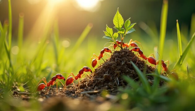 Red ants collaborate constructing a nest in grassy field. Insects work together carrying soil and plant fragments. This macro shot reveals teamwork dedication within a colonys construction efforts.