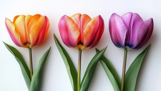 Three vibrant tulip flowers in orange, pink, and purple hues with long green leaves on a white background, evoking freshness and natural beauty