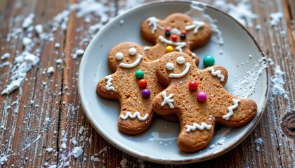 Fototapeta premium Festive Gingerbread Men: A Plate of Delicious Holiday Cookies on Rustic Wooden Table with Flour Dusting, Ready for Christmas and Winter Celebrations!