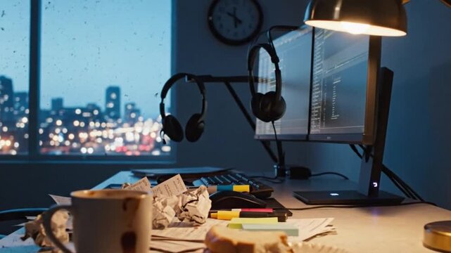 Late night work session urban office digital workspace cozy environment close-up view productivity focus