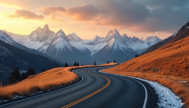 Winding asphalt road goes through golden dry grass fields toward snow covered mountains. Scenic drive unfolds under dramatic sunset sky with clouds. Majestic peaks pierce horizon. Coniferous trees
