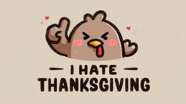 Naklejki Cartoon turkey with an angry expression stomping its feet next to "Thanksgiving Stress" text, on a light beige background. Simple vector illustration for humorous graphic t-shirts, alternative greetin