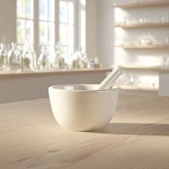 White Porcelain Mortar And Pestle On Wooden Table