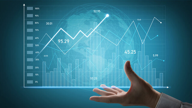 A creative representation of data analysis featuring graphs and charts displayed above an open hand, symbolizing innovation and technology in a digital business environment. Scalp