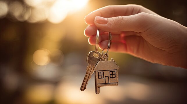 Hand Holding House Keys Outdoors Golden Hour