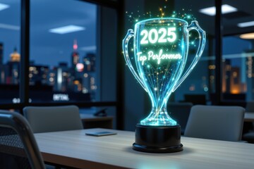 Holographic 2025 Top Performer Trophy on Empty Desk in Office with Cityscape View, Concept for Success and Recognition