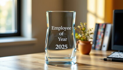 Employee of the Year 2025 Award: A Modern Glass Trophy on a Wooden Desk in Soft Morning Light, Celebrating Excellence and Achievement
